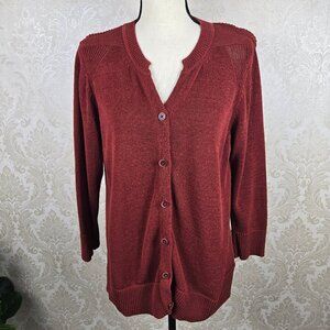 Coldwater Creek Size XL Dark Rust Button Up Cardigan Split Vneck Knit Long Slv